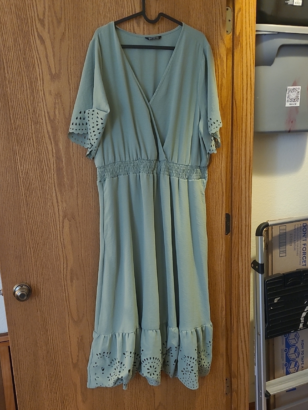 BloomChic Sage Green Wrap-Style Midi Dress with Eyelet Trim